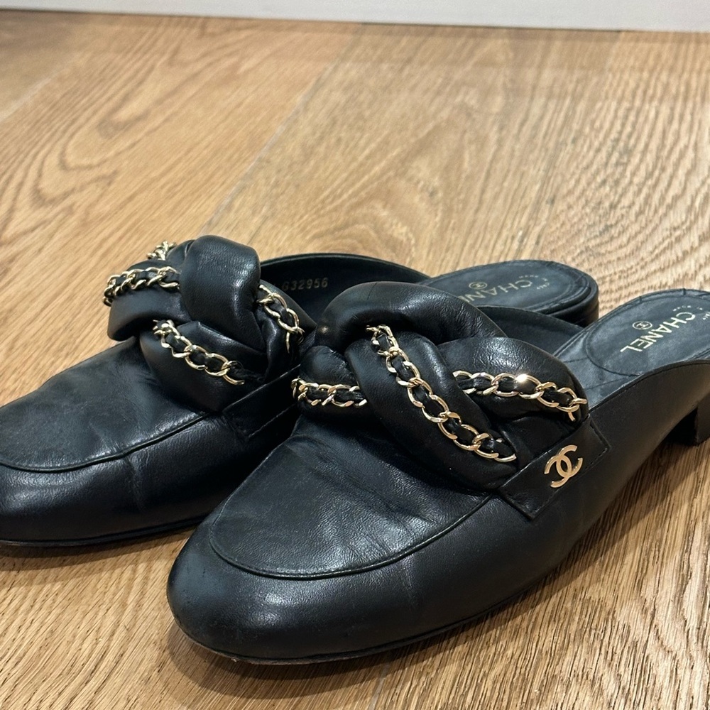 CHANEL Black Leather Mules with Gold Chain